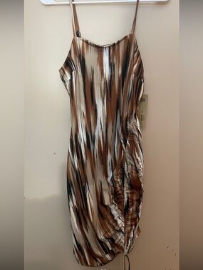 Striped Satin Ruched Slip Dress - Brown/White